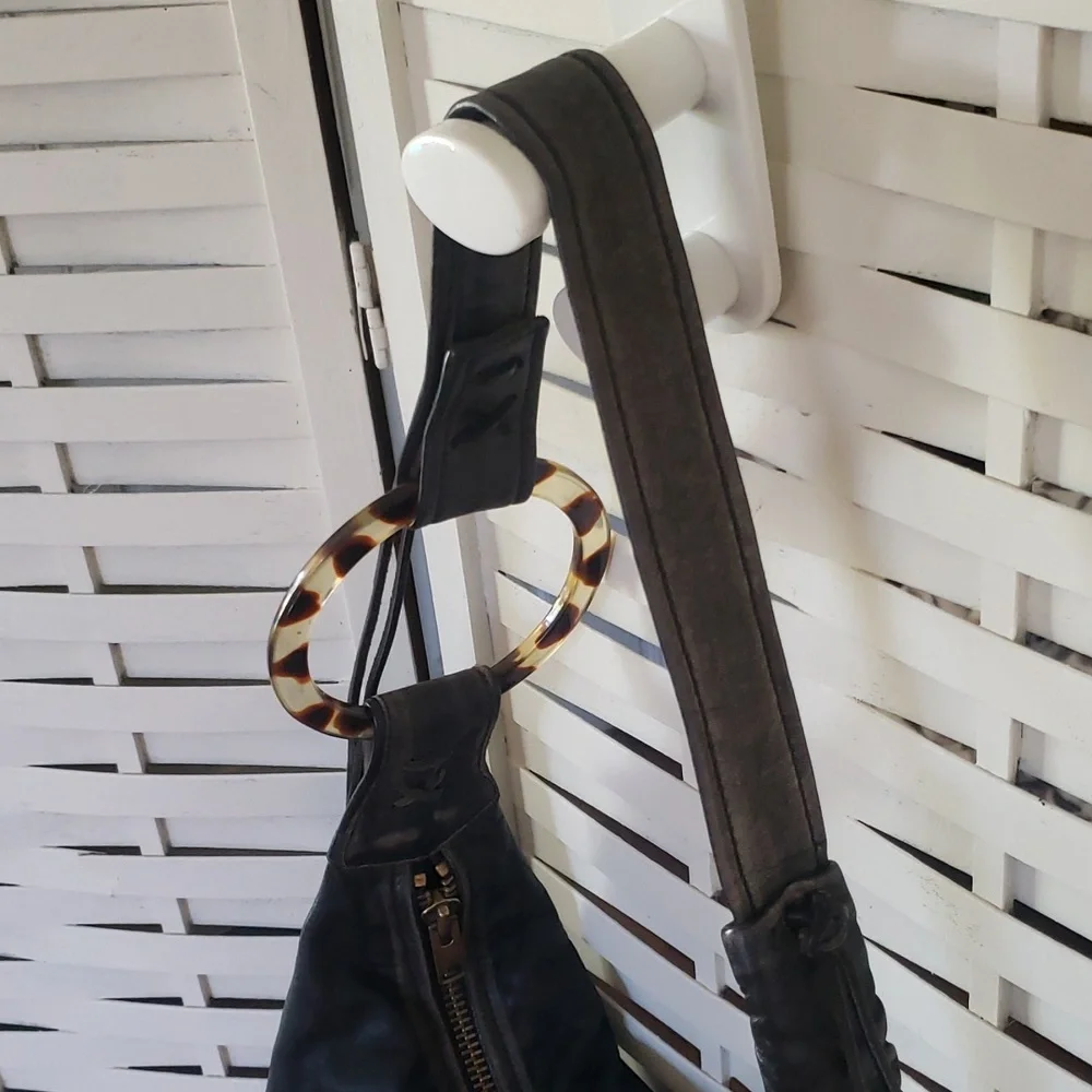 Agatha Blois Black Distress Leathet Shoulder Bag with Tortoiseshell Accent